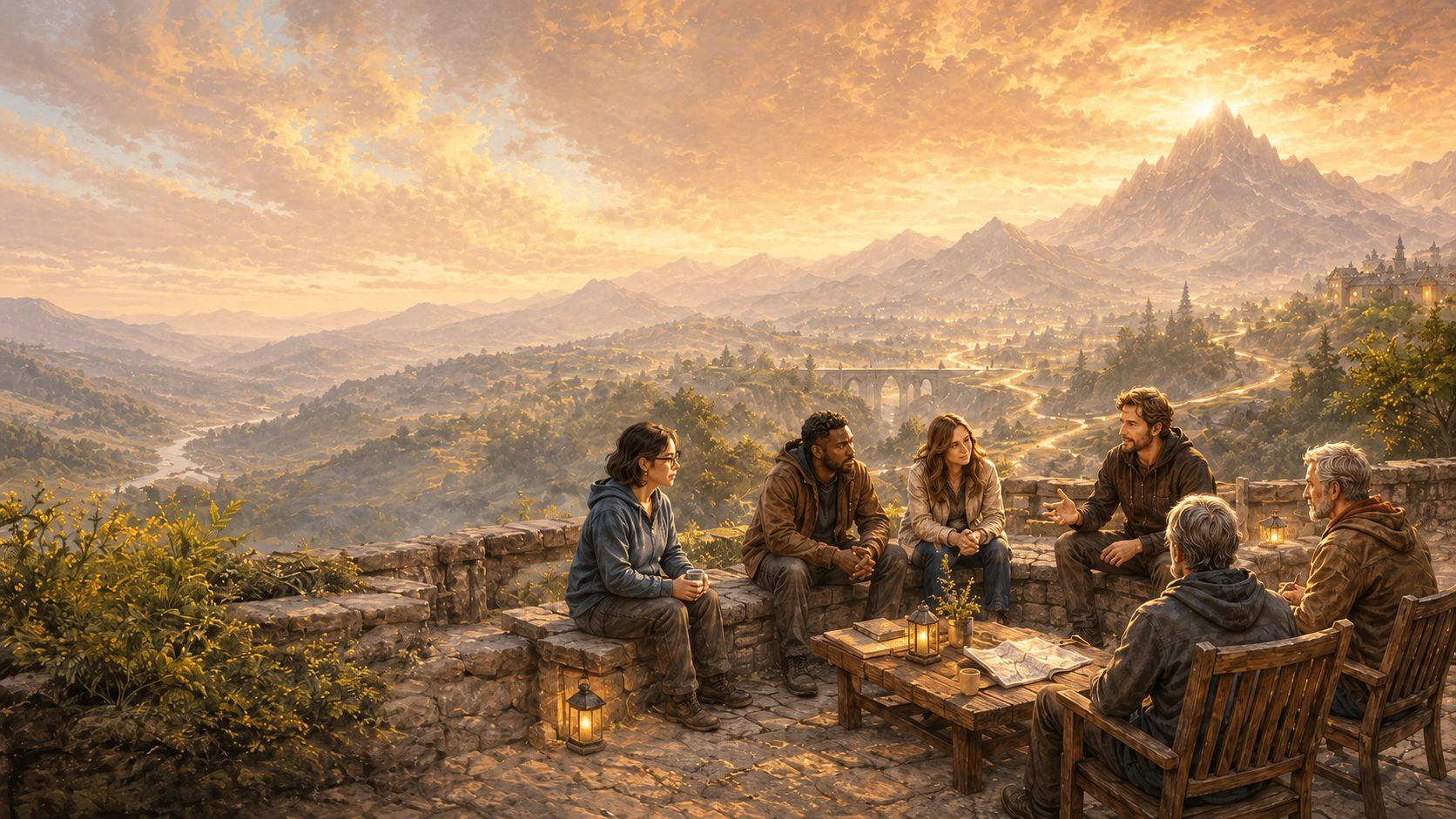 Resurgence representatives gathered in conversation overlooking a mountain valley